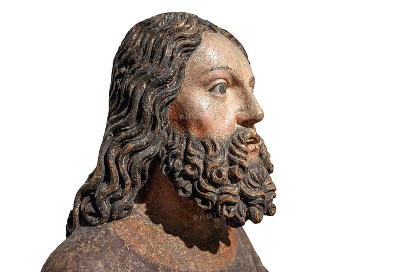 Head of Jesus, around 1470, on a white background, only the body of Jesus remains of the palm donkey, Strigel Museum, Martin-Luther-Platz 1, Memmingen, Swabia, Bavaria