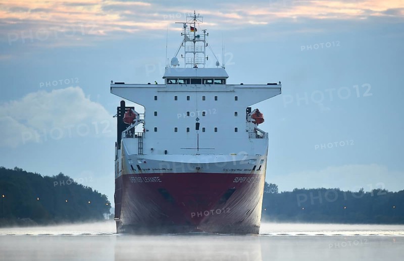 RoRo cargo ship Super Fast Levante travelling through the Kiel Canal at sunrise, Kiel Canal, Schleswig-Holstein, Germany, Europe