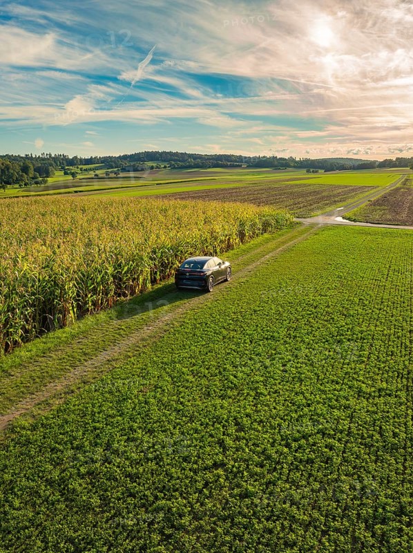 Black car driving on a dirt track next to a cornfield in a green agricultural landscape under a beautiful sky, Carsharing, VW ID5, Calw, Black Forest, Germany, Europe
