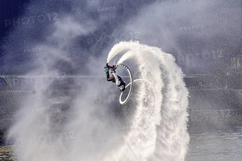 Harbour festival in Stuttgart. Spectacular jet ski and flyboard show on the Neckar. Stuttgart, Baden-Württemberg, Germany, Europe