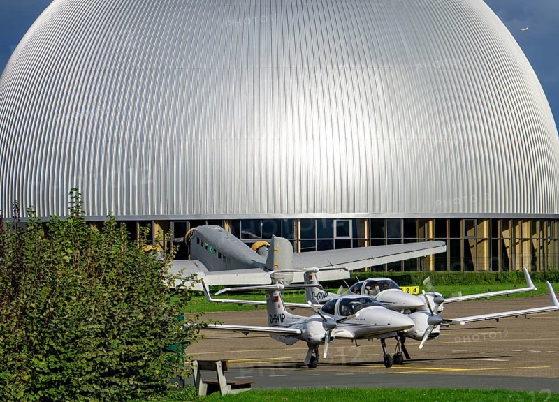 Mülheim-Essen airfield, commercial airfield in the south of Essen and in the east of Mülheim an der Ruhr, for leisure and business aviation, headquarters of the WDL airship company, airship hangar, old JU 52 aircraft North Rhine-Westphalia, Germany, Europe