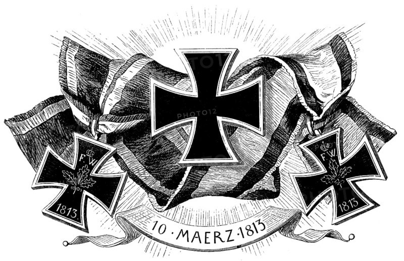 The Iron Cross, donated by the Hohenzollern King Frederick William III, war decoration in the wars of liberation, wars of freedom from 1813, war, orders, ribbon, Prussia, historical illustration 1882