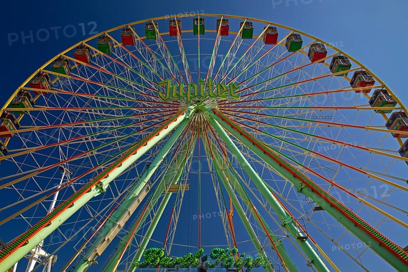Jupiter Ferris wheel in the morning under a blue sky, Cranger Kirmes, Herne, Ruhr area, North Rhine-Westphalia, Germany, Europe