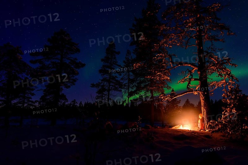 Man in the evening at a bivouac with campfire, Lapland, Sweden, Scandinavia, Europe