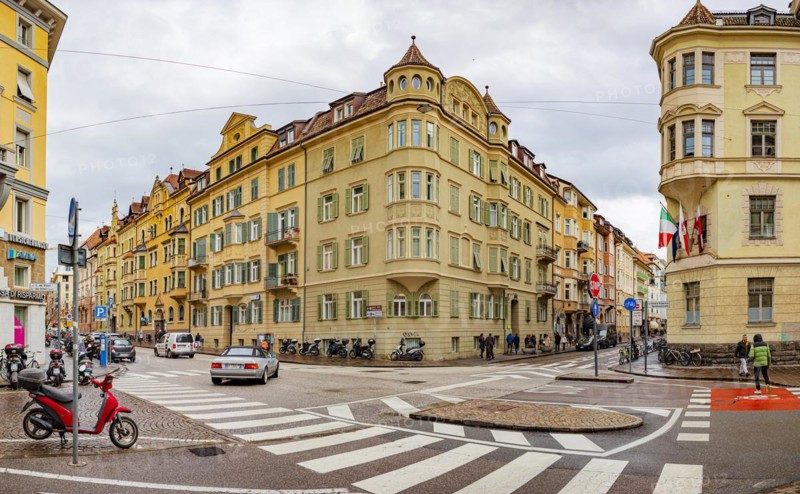 Intersection of Leonardo-Da-Vinci-Strasse and Sparkassenstrasse in Bolzano, South Tyrol, Italy, Europe