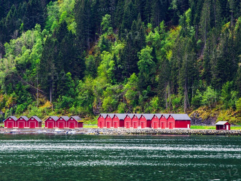 Mountains and Fiord over Norwegian Village in Olden, Innvikfjorden, Norway, Europe