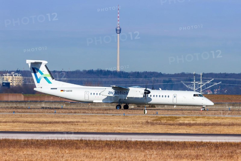 A De Havilland Dash 8 Q400 aircraft of Avanti Air with the registration D-AASG at the airport in Stuttgart, Germany, Europe
