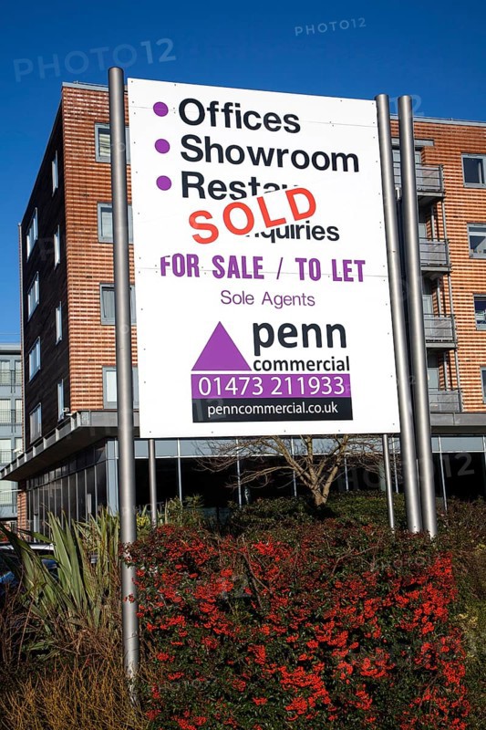 Sold sign for Penn estate agent commercial property at the Waterfront development around the Wet Dock, Ipswich, Suffolk, England, United Kingdom, Europe