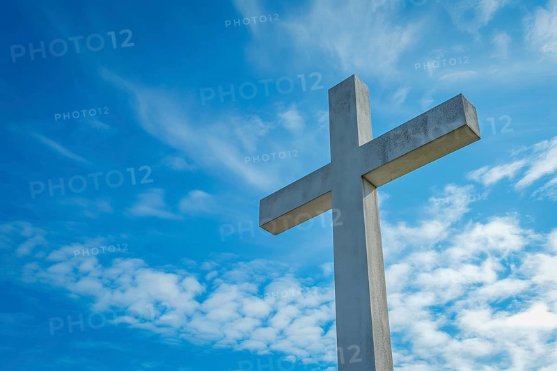 Christianity symbol Easter concept cross in blue sky, AI generated