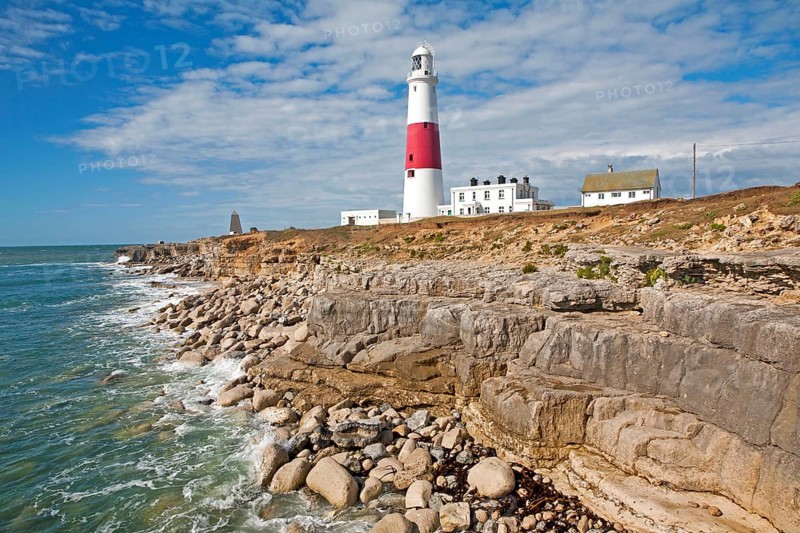 Red and white lighthouse on the coast at Portland Bill, isle of Portland, Dorset, England, United Kingdom, Europe