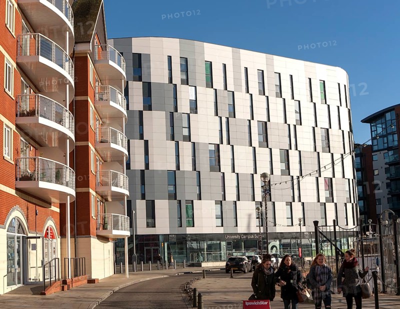 University Campus Suffolk buildings and new apartments in the Wet Dock, Ipswich, Suffolk, England, UK