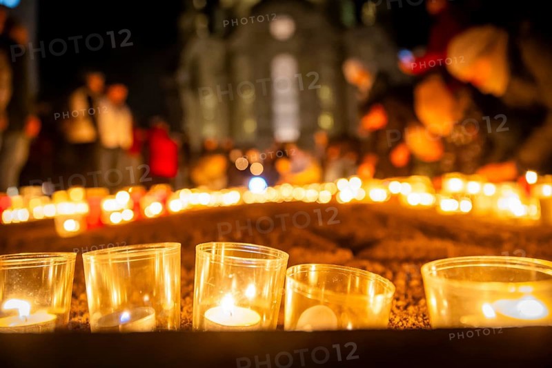 On 13 and 14 February 1945, Dresden was heavily destroyed in three Allied bombing raids. Every year, the people of Dresden commemorate this event at various events. A giant candle, into which citizens could place small candles, commemorates the event in front of the rebuilt Church of Our Lady, Dresden, Saxony, Germany, Europe