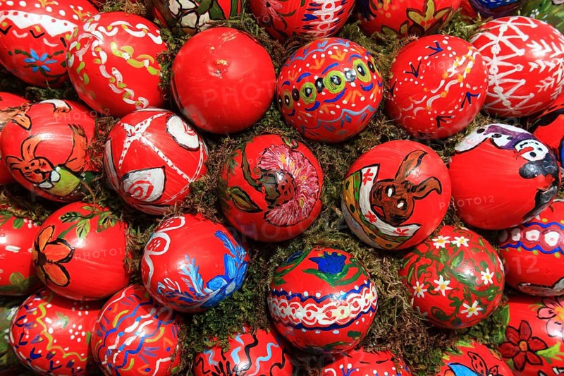 Detail of an Easter fountain in Franconian Switzerland, Bamberg district, Upper Franconia, Germany, many colourful blown-out and dyed eggs as decoration, Easter custom, Europe