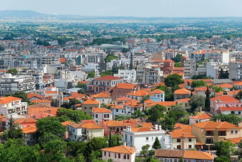 Panoramic view of a city with dense buildings and green areas under a cloudy sky, Xanthi, Eastern Macedonia and Thrace, Greece, Europe