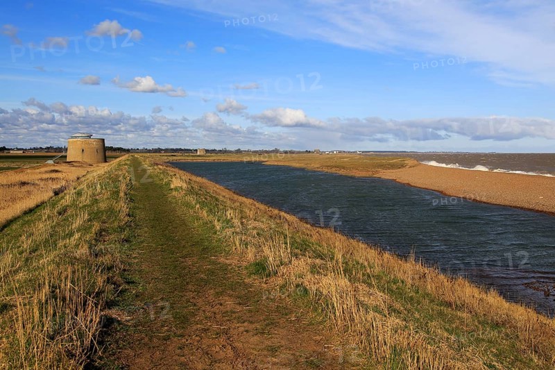 Lagoon and shingle beach bar, Hollesley Bay, East Lane, Bawdsey, Suffolk, England, UK