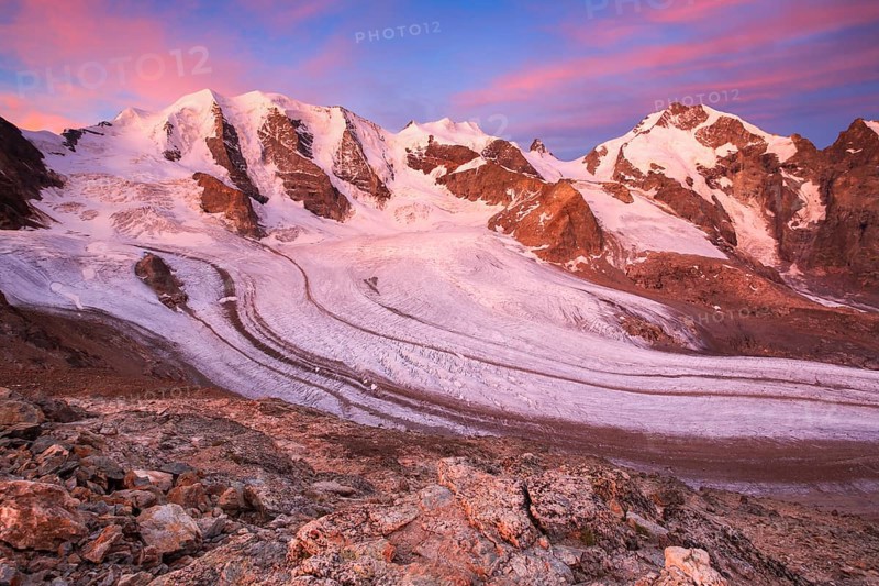 Swiss Alps, View from the Diavolezza, 2978 m, Dawn, Piz Palü, 3905 m, Bellavista, 3922 m, Piz Bernina, 4049 m, Pers Glacier, Vardret Pers, Upper Engadine, Graubünden, Switzerland, Europe