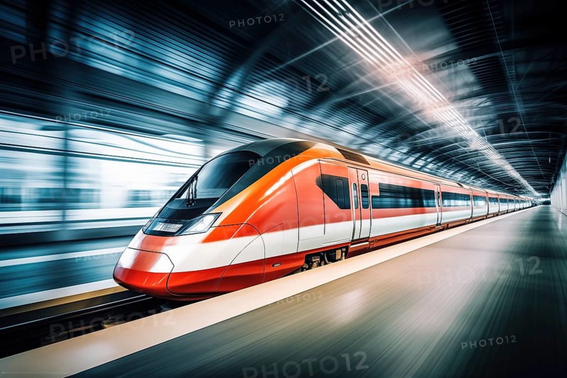 Modern high speed train in a futuristic train station. Modern transportation technology, speed, travel concepts. Railroad with motion blur effect, AI generated