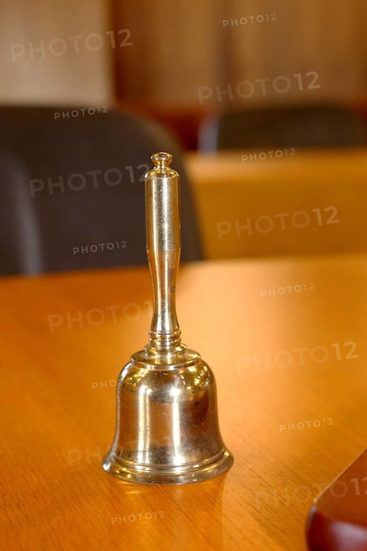 Close-up of a hand bell used, for example, in meetings, committees or courtrooms (here: council chamber of the municipality of Mutterstadt, Rhineland-Palatinate)
