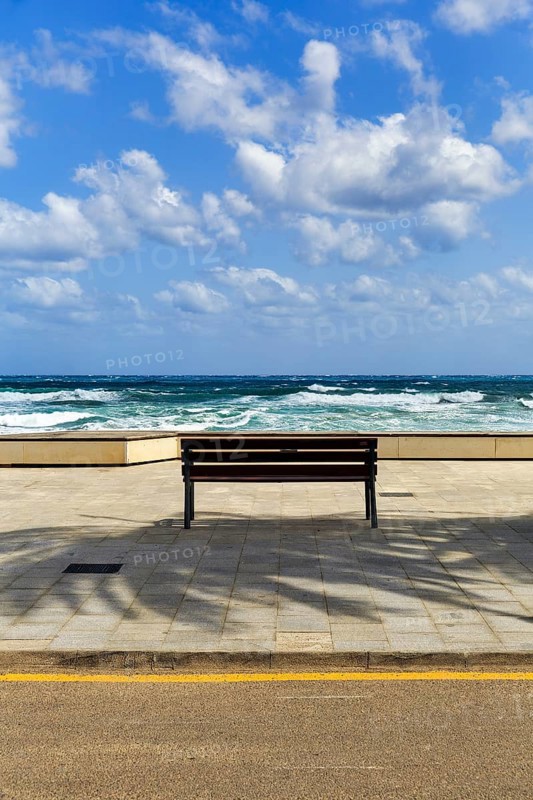 Empty bench with view of the surf, Las Negras, Cabo-de-Gata-Nijar, Cabo de Gata, Almeria, Andalusia, Spain, Europe