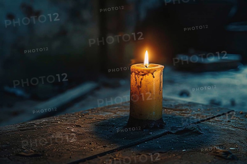 Single burning candle in dark dirty room. Generative AI, AI generated