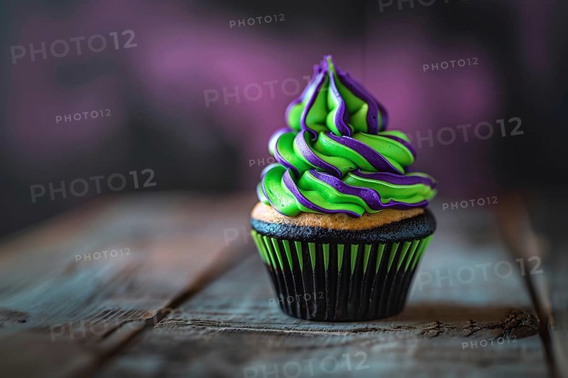 Black Halloween cupcake with neon green and purple frosting. Generative Ai, AI generated