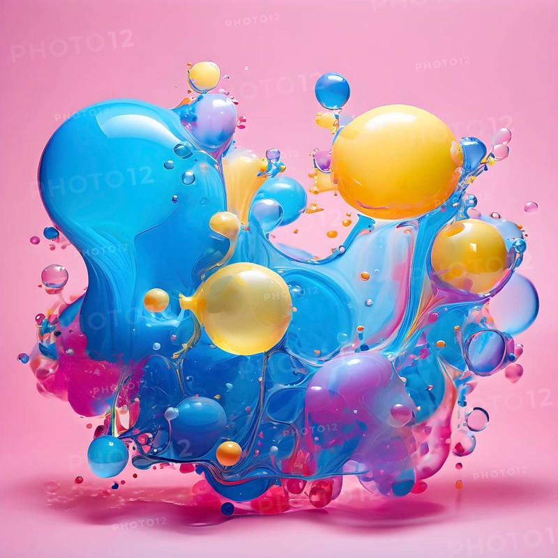 Abstract image with colorful yellow and turquoise blobs and liquid shapes on a pink background, AI generated