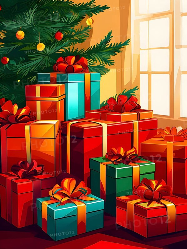 Abstract illustration of wrapped Christmas gifts, shiny ribbons and bows, stacked under a evergreen tree in a cozy living room, AI generated