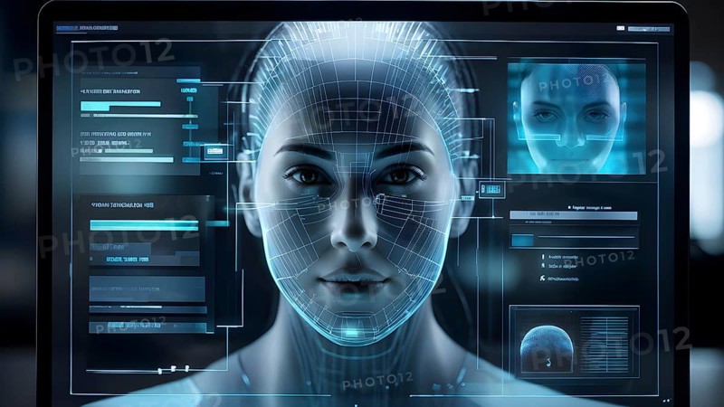 3d digital facial recognition displaying a female face with overlaid ai biometric data, AI generated