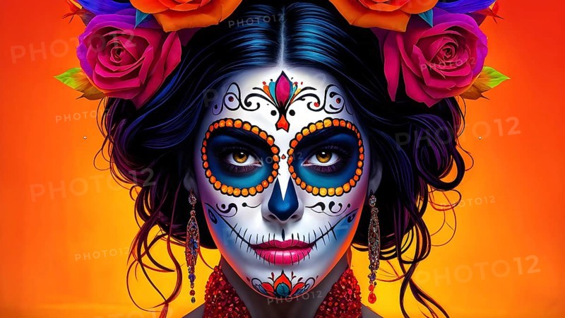 Woman in an extravagant dia de los muertos costume and a vibrant face makeup, AI generated