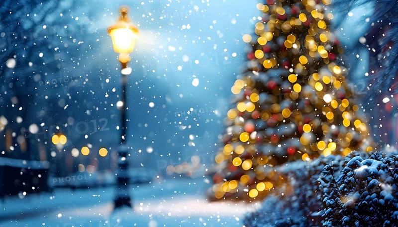 Christmas Eve with snowflakes fall under the light of a streetlamp with a decorated tree in the background, AI generated