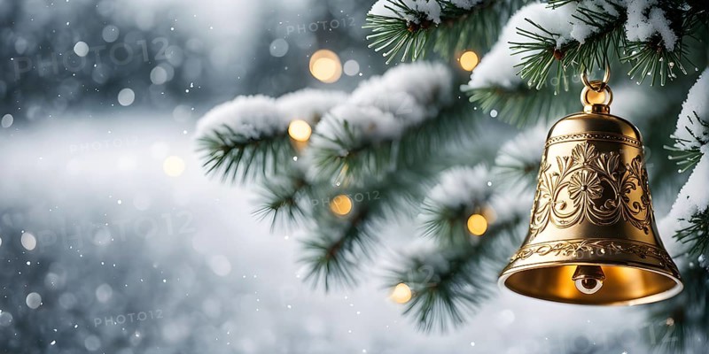 Vintage Christmas bell ornament hanging on a snow-dusted evergreen branch, capturing the intricate metallic details and soft reflections of nearby lights, AI generated