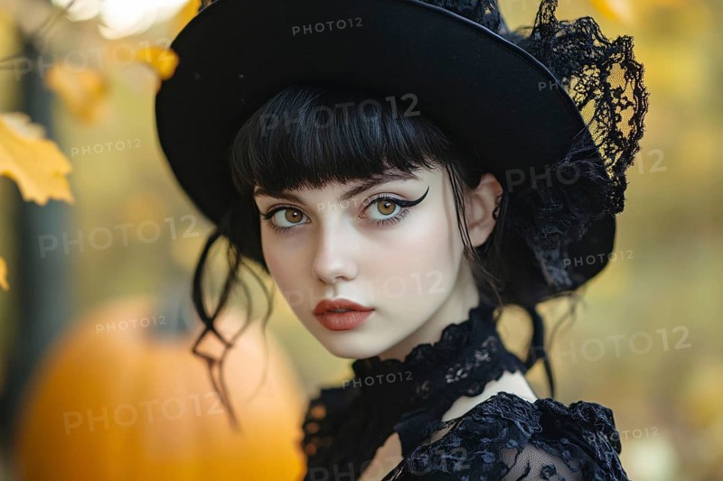Beautiful young woman with black Halloween witch costume with hat with lace. Generative Ai, AI generated