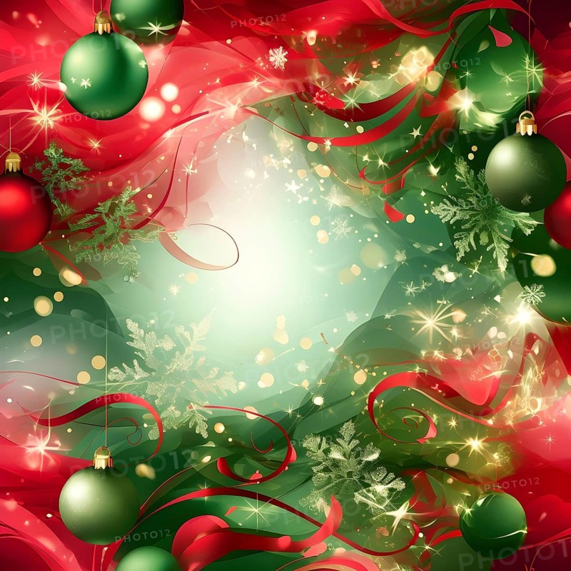 Abstract wallpaper illustration of Christmas symbols for gift cards, swirling shapes and lines, in red green and golden colors, AI generated