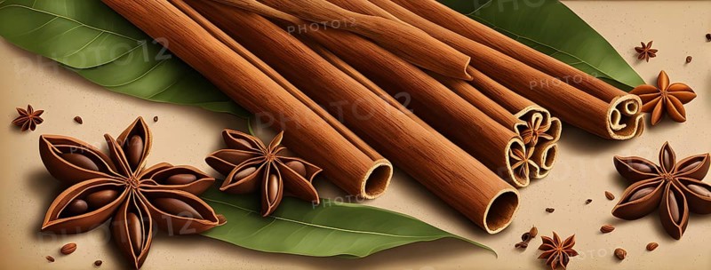 Abstract wallpaper illustration of Christmas spices like cinnamon sticks, star anise, and cloves, AI generated