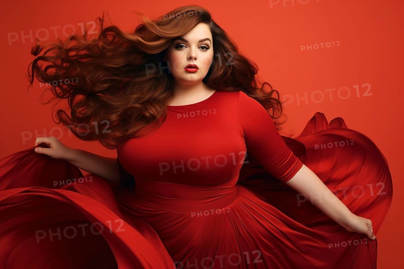 Curvy plus size woman in red dress with long brown luxurious hair. KI generiert, generiert AI generated