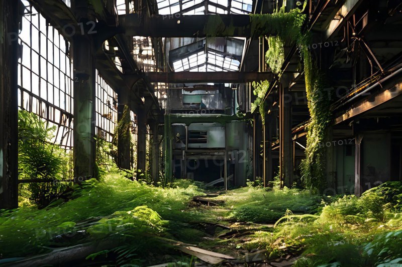 Abandoned factory vines embracing rusted skeletons of machinery whisper of bygone industrial era, AI generated