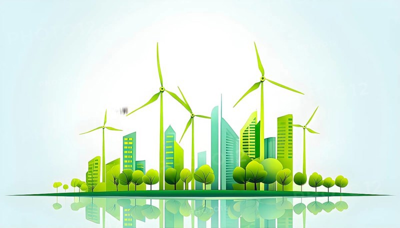 Abstract visual illustration of a city skyline where buildings morph into wind turbines and trees, AI generated