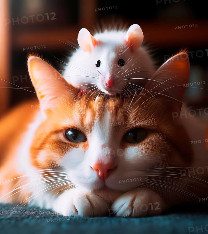 Pet, animal friendship, a white rat sits on the head of a cat, AI generated, AI generated