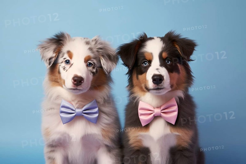 Pair of Australian shepherd dogs with bow ties. KI generiert, generiert AI generated