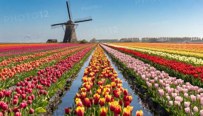 Agriculture, dense, intensely colourful blooming tulip field with a windmill, in Holland, AI generated, AI generated