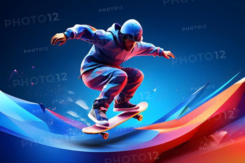 Skateboarder in dynamic jump abstracted into fluid shapes that capture elegance and dynamic in french olympic colors blue, white and red, AI generated