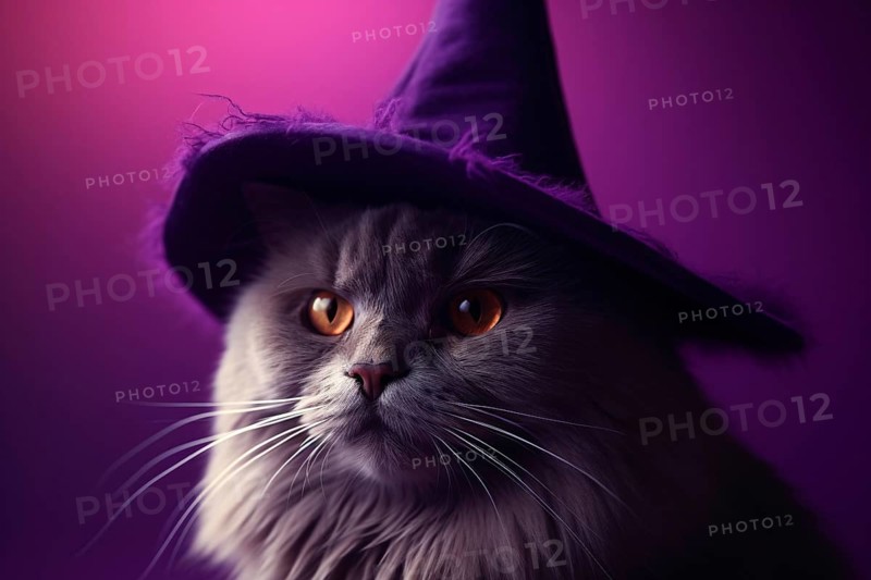Cat with purple Halloween witch hat. KI generiert, generiert AI generated