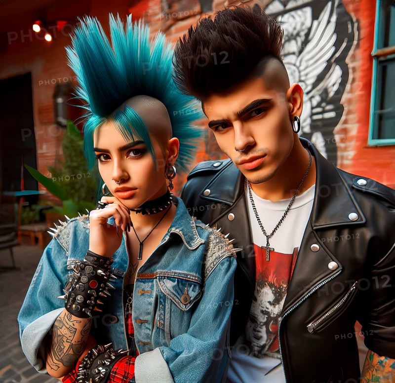 A punk woman with a punk hairstyle, mohawk and tattoo and a young man in leather clothing, symbolic image youth culture, punk, punk, AI generated, AI generated
