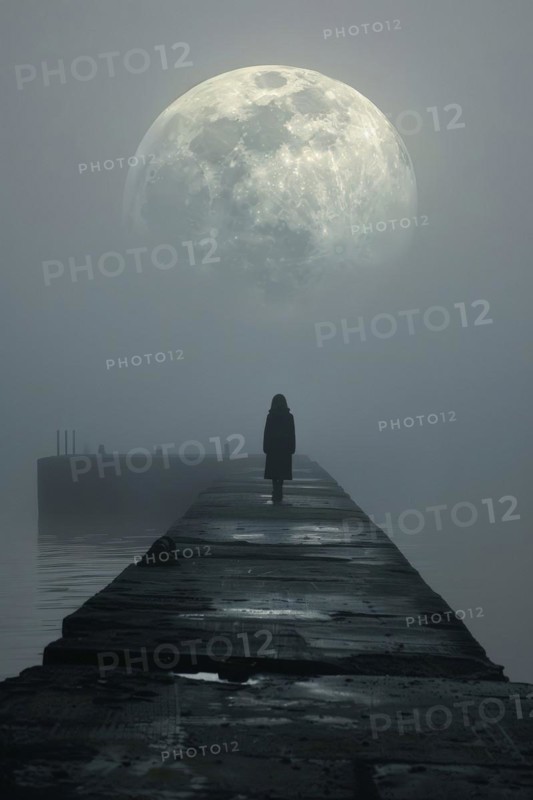 Silhouette of a lonely, sad woman on a concrete footbridge on a foggy full moon night, symbolic image for, suicidal thoughts, suicide, AI generated, AI generated, AI generated