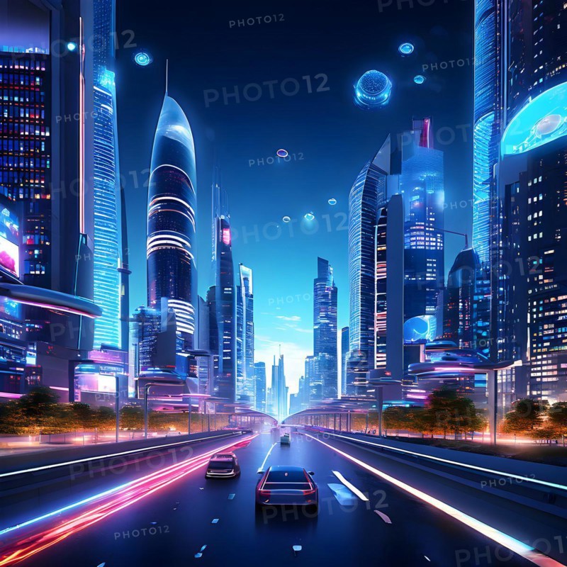AI generated virtual reality tour highlighting a state of the art futuristic cityscape with interactive holograms
