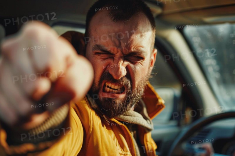 Angry, unnerved, aggressive, screaming man sitting behind the steering wheel and gesticulating wildly with his fist, symbolic image for aggressive behaviour in road traffic, AI generated, AI generated, AI generated