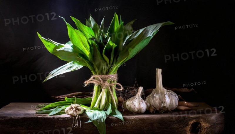 A bunch of wild garlic with garlic on an old wooden table, diffuse light, wild garlic, Allium ursinum, KI generated, AI generated
