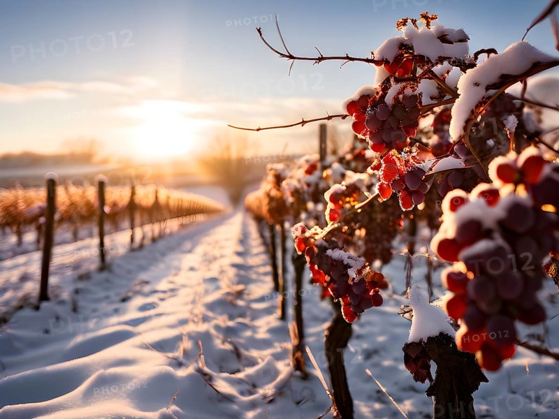 AI generated close up of grapevines in winter in the vineyard with snow blankets dormant vines and ambient light