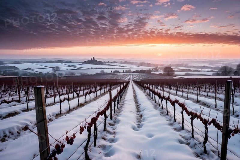 AI generated winter in the vineyard with snow blankets dormant vines and ambient light