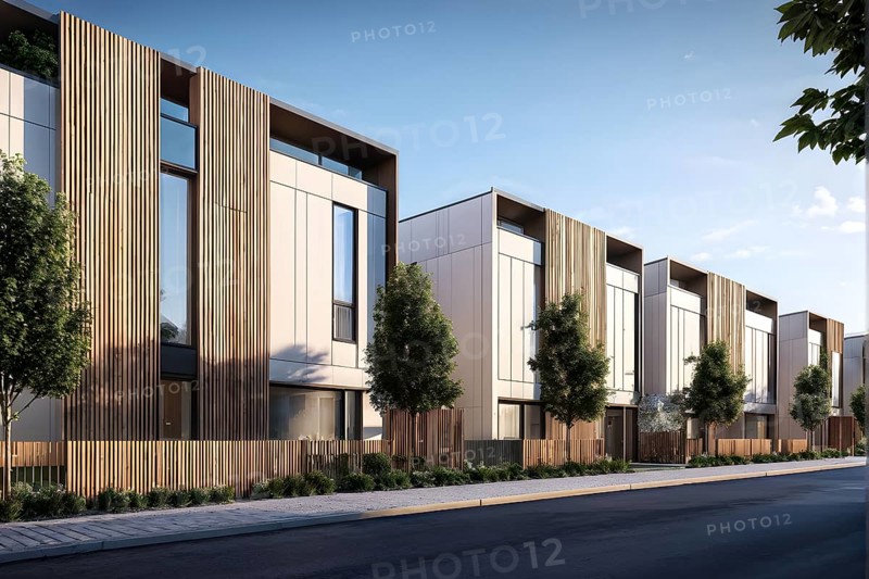 AI generated row of modern modular private townhouses featuring wooden cladding distinct panels